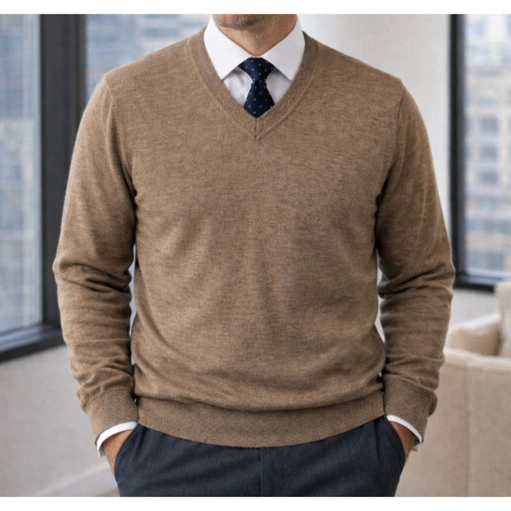 Kirkland Signature Sweater Mens XXL Merino Wool V Neck Italy Tan Classic Career‎